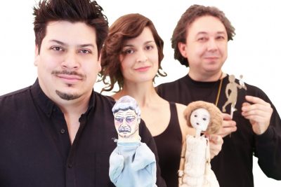 From left, MFA puppeteers Kalob Martinez, Ana Crăciun-Lambru, and Gavin Cummins present a triple bill for the MFA Puppet Arts Festival onstage at the Studio Theatre March 24-April 3. (Gerry Goodstein Photo)