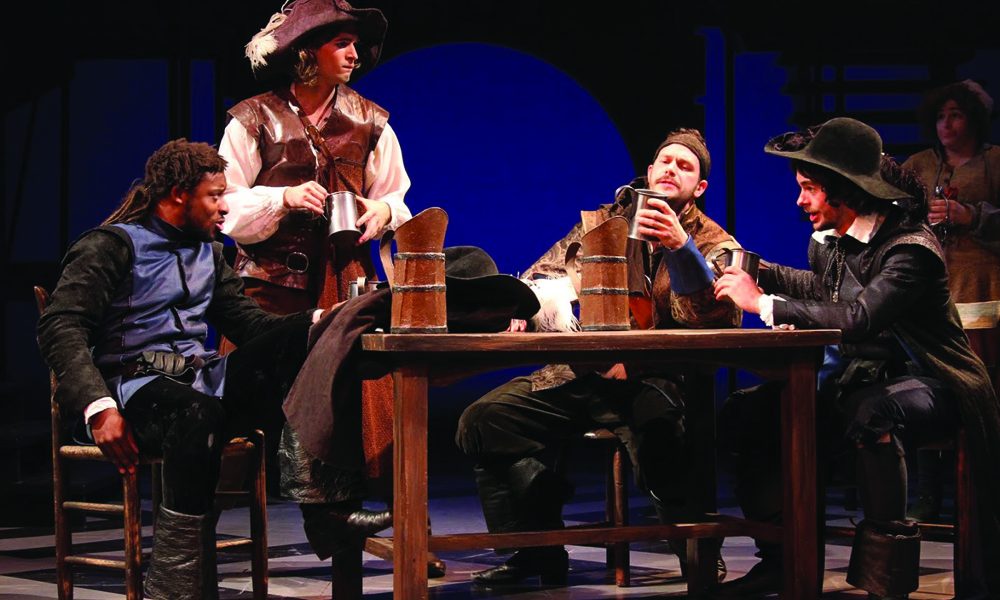 UConn Drama 1776 Production Four costumed male students seated around table in "pub", UConn Drama 1776 Production